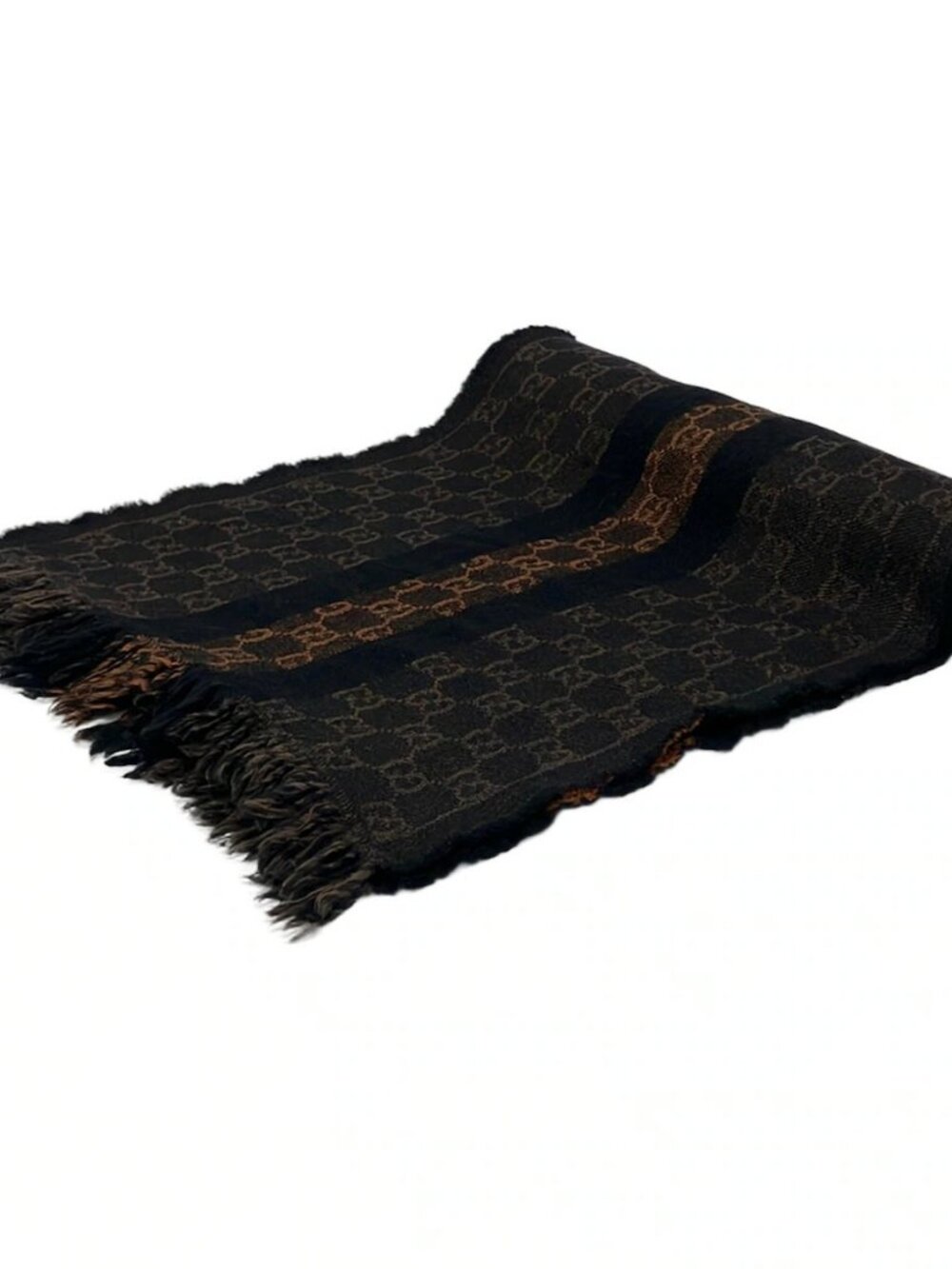 GUCCI Black Brown Dark Brown Wool Scarf